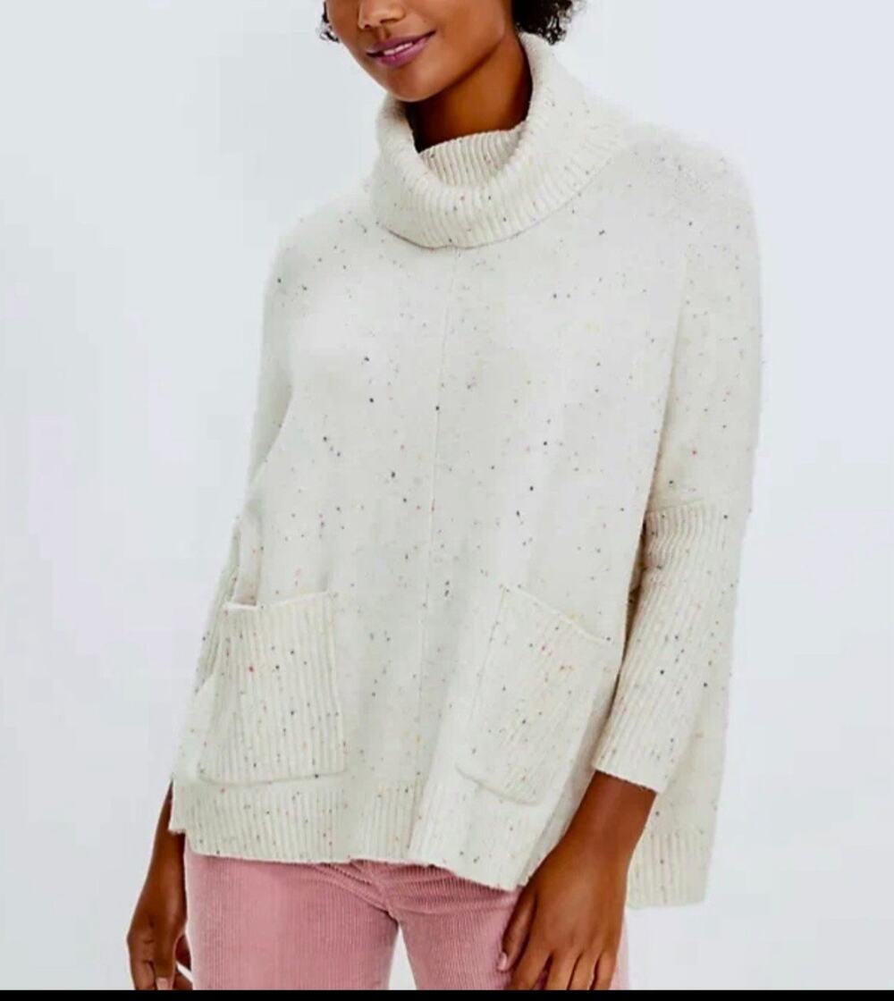 LOFT Speckled Cowl Neck Poncho Sweater with Pockets Cream Multi Color Size Small